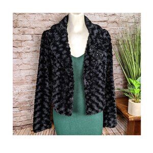CANDIE'S Junior's Faux Fur BLACK Crop JACKET Coat with BEADED BOW Sz Medium NWOT